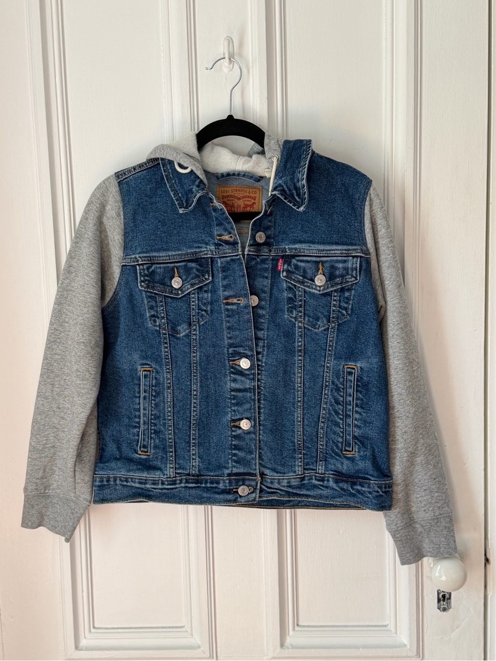 Women’s Levi’s Hybrid Hoodie Trucker Jacket Denim/ Jersey Size Large